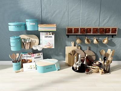 Turquoise Kitchen Dinnerware Set With Wooden Chopping Boards Wall Mounted Cup Rack And Utensils 3d model