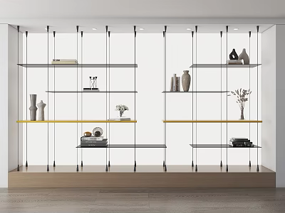 Modern Open Shelf Unit With Metal Frame Glass Shelves And Decorative Vases 3d model