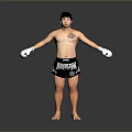Shirtless Man With Chest Tattoo Wearing White Boxing Gloves And Everlast Shorts In Standing Pose
