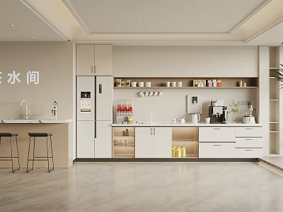 Modern Pantry Interior With White Cabinets Refrigerator Coffee Machine Countertop And Bar Stools 3d model