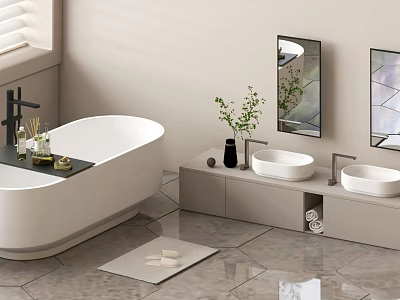 White Bathtub with Double Sinks Mirror Green Plant Grey Countertop Grey Tiles and Window Blinds 3d model