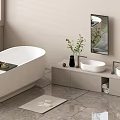 White Bathtub with Double Sinks Mirror Green Plant Grey Countertop Grey Tiles and Window Blinds