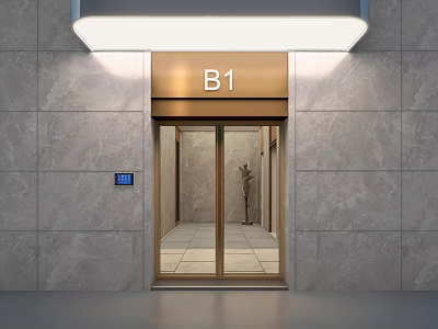 Illuminated Mall Store B1 Floor Entrance With Glass Elevator Doors And Marble Walls 3d model