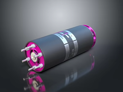 Shiny Black Cylindrical Object With Pink Ends And Metal Connectors On Reflective Surface 3d model