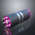 Shiny Black Cylindrical Object With Pink Ends And Metal Connectors On Reflective Surface