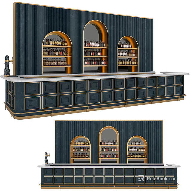 Stylish Dark Bar Interior Design With Gold Accents Arched Wine Racks And Bottles 3d model 