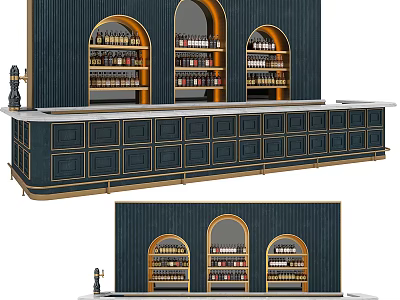 Stylish Dark Bar Interior Design With Gold Accents Arched Wine Racks And Bottles 3d model