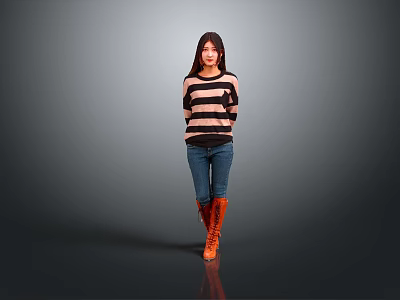 Woman In Striped Sweater Blue Jeans And Orange Boots Against Gray Background 3d model
