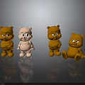 Four Stuffed Bear Toys in Brown and Pink Standing and Sitting with Reflections