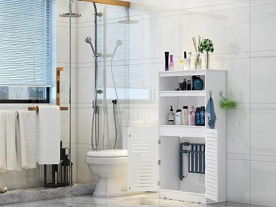 White Bathroom Storage Cabinet With Toiletries Green Plant And Organizer Shelves 3d model