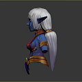 Blue Skinned White Haired Female Game Character With Pointed Ears And Red Gold Armor