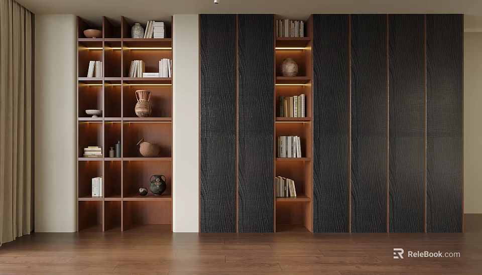 Stylish Whole Wall Wooden Bookcase With Built In LED Lights Display Books And Retro Ornaments 3d model 