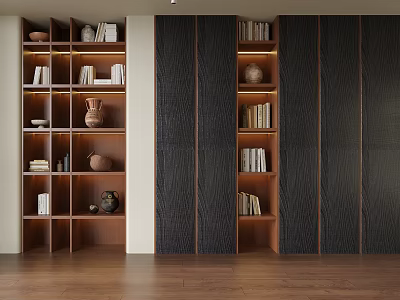 Stylish Whole Wall Wooden Bookcase With Built In LED Lights Display Books And Retro Ornaments 3d model