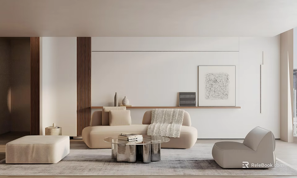 Modern Minimalist Living And Dining Room Interior With Beige Sofa Coffee Table And Decorative Painting 3d model 