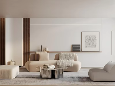 Modern Minimalist Living And Dining Room Interior With Beige Sofa Coffee Table And Decorative Painting 3d model