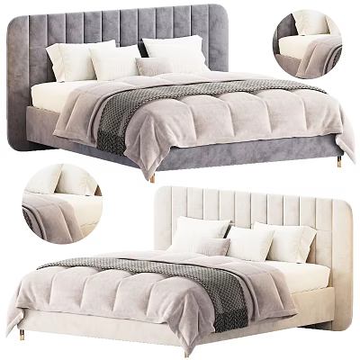 Elegant Soft Double Bed With Tufted Headboard And Velvet Bedspread Including Plush Pillows 3d model