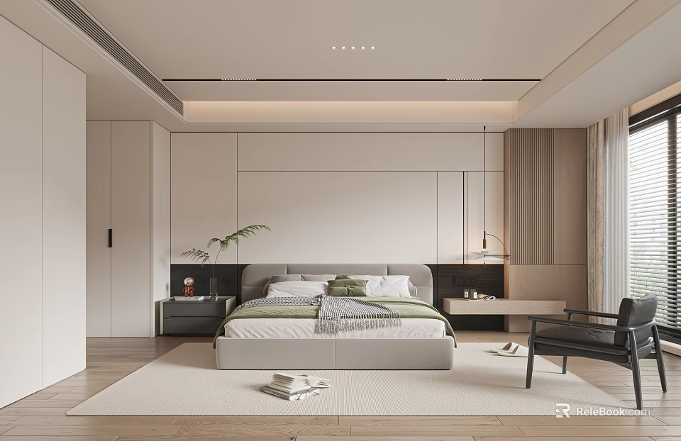 Modern Bedroom Interior Design With Bed Nightstand Rug And Pendant Lights 3d model 