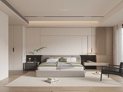 Modern Bedroom Interior Design With Bed Nightstand Rug And Pendant Lights 3d model