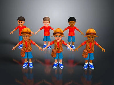 Friendly Cartoon Game Movie Child Characters Wearing Red Shirts Blue Shorts Brown Explorer Outfits Hats 3d model