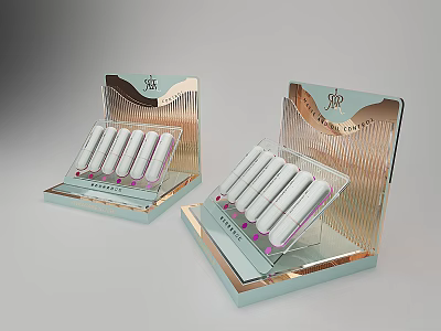 Elegant Decorative Ornament Display Set With Gold Light Blue Stands Multiple Lipsticks And VIP Labels 3d model