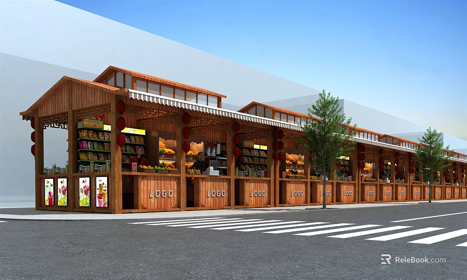 Traditional Wooden Commercial Street With Multiple Shops Awnings And Trees Along Street 3d model 