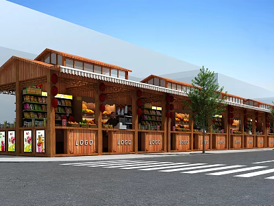 Traditional Wooden Commercial Street With Multiple Shops Awnings And Trees Along Street 3d model