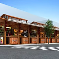 Traditional Wooden Commercial Street With Multiple Shops Awnings And Trees Along Street