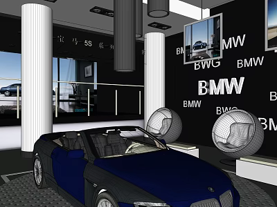 Modern BMW Car Showroom Interior Featuring Blue Convertible And Brand Logos 3d model