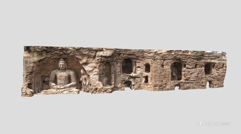 Ancient Grotto Scenery with Carved Stone Buddha Statues and Intricate Rock Cave Formations 3d model 
