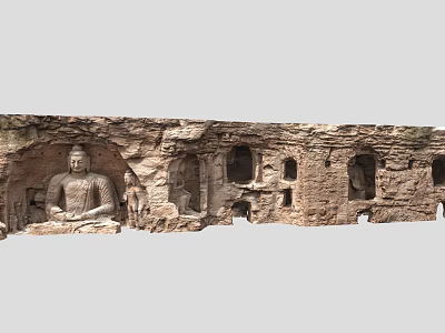 Ancient Grotto Scenery with Carved Stone Buddha Statues and Intricate Rock Cave Formations 3d model