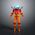Sci Fi Game and Movie Character With Blue Helmet Orange Bodysuit Red Accents Mechanical Arms