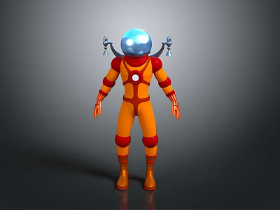 Sci Fi Game and Movie Character With Blue Helmet Orange Bodysuit Red Accents Mechanical Arms 3d model