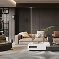 Modern Living Room Interior With Beige Sofa Wooden Wall And Bookshelf Decor