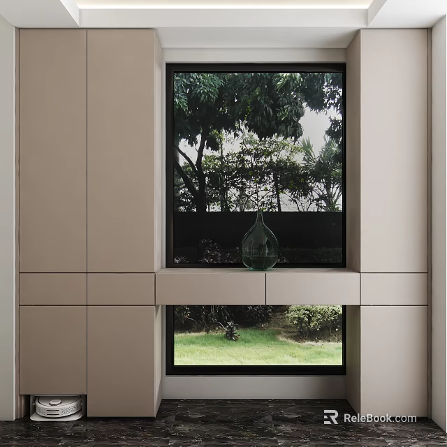 Modern Light Colored Shoe Cabinet With Glass Vase And Windows Overlooking Green Plants 3d model 
