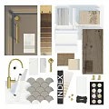 Interior Design Material Samples With Wood Textures Marble Tiles And Brass Hardware 3d model