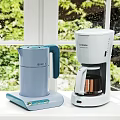 Modern Kitchen Appliances Including Toaster Coffee Maker Blender Kettle And Walimee On White Shelf