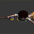 Animated Girl with Short Red Hair Blue Overalls Yellow Rain Boots Holding Colorful Umbrella 3D
