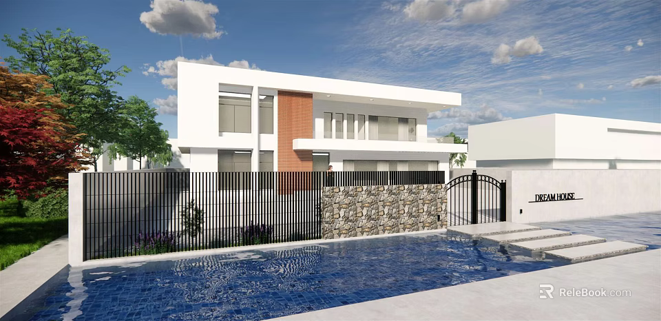 Modern Detached Villa With White Exterior Brown Panel Black Fence Iron Gate And Swimming Pool 3d model 