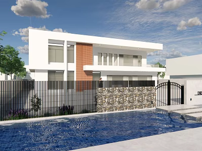Modern Detached Villa With White Exterior Brown Panel Black Fence Iron Gate And Swimming Pool 3d model
