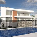 Modern Detached Villa With White Exterior Brown Panel Black Fence Iron Gate And Swimming Pool