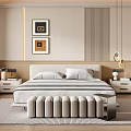 Modern Bedroom Interior Design With Bed Nightstands Framed Artworks Pendant Lights And Striped Accent Wall