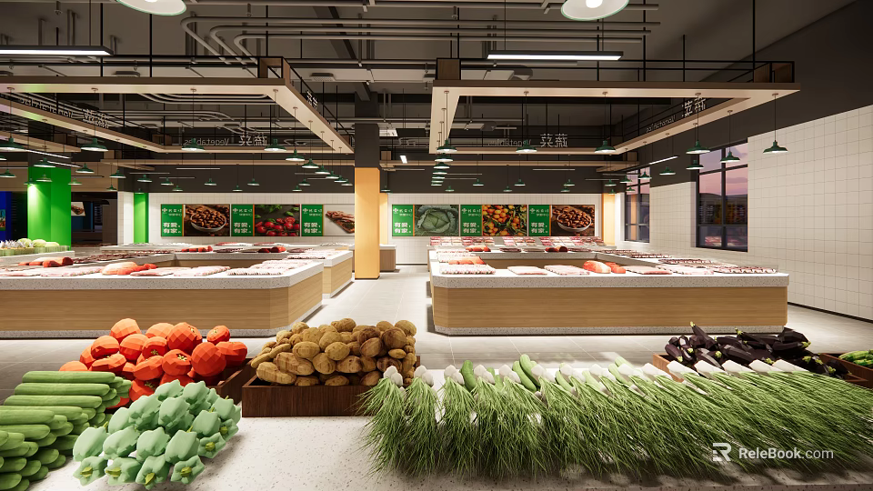 Supermarket Grocery Fresh Produce Section With Various Vegetables And Display Shelves 3d model 