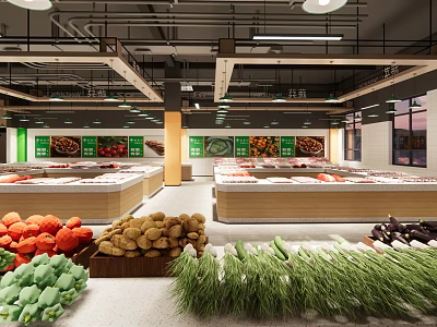 Supermarket Grocery Fresh Produce Section With Various Vegetables And Display Shelves 3d model