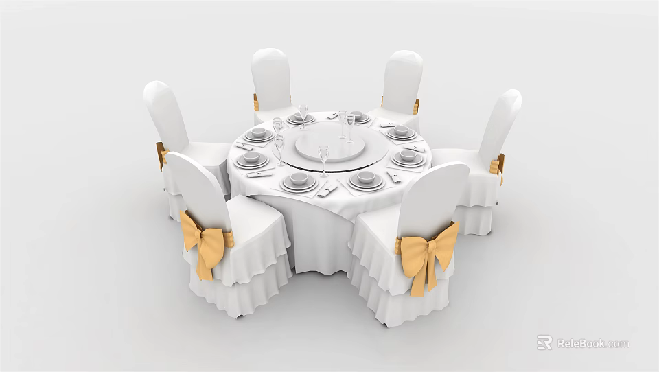 Elegant Round Dining Table Set With White Chair Covers Yellow Bows And Tableware 3d model 