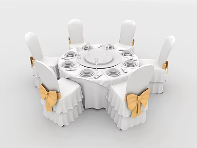 Elegant Round Dining Table Set With White Chair Covers Yellow Bows And Tableware 3d model