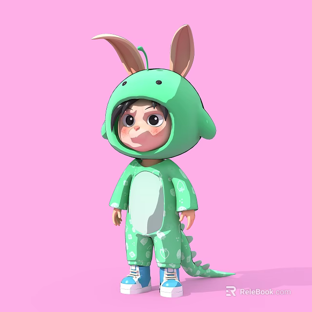 Cute Cartoon Sculpture with Green Outfit Rabbit Ears and Dinosaur Tail on Pink Background 3d model 