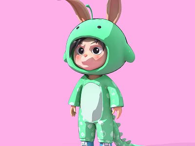 Cute Cartoon Sculpture with Green Outfit Rabbit Ears and Dinosaur Tail on Pink Background 3d model