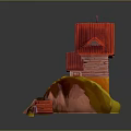 Cartoon Scene With Red Roof House Windmill Small Hill And Staircase