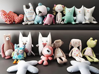 Cute Colorful Stuffed Animals Featuring Striped Checkered Polka Dot Designs and Various Shapes 3d model