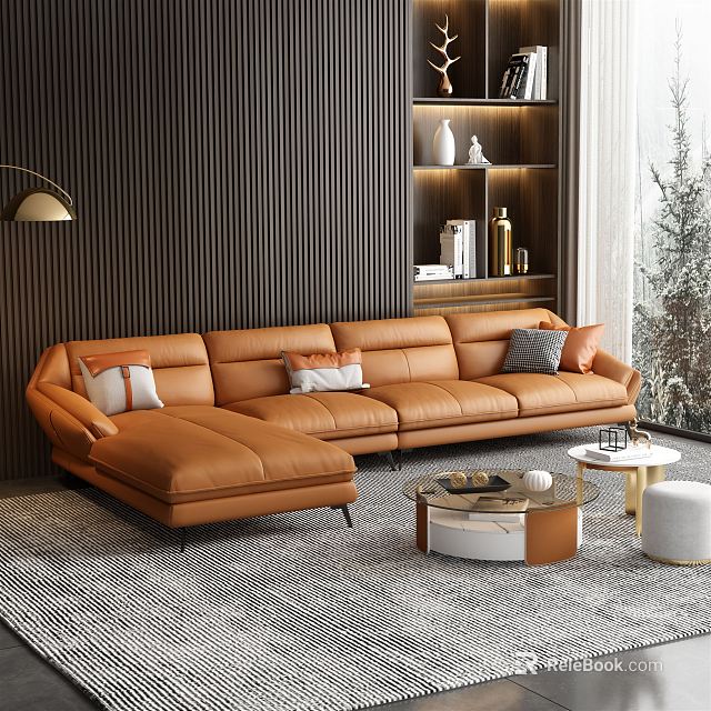 Modern Orange Leather L Shaped Sofa And Round Coffee Table Set With Throw Pillows 3d model 